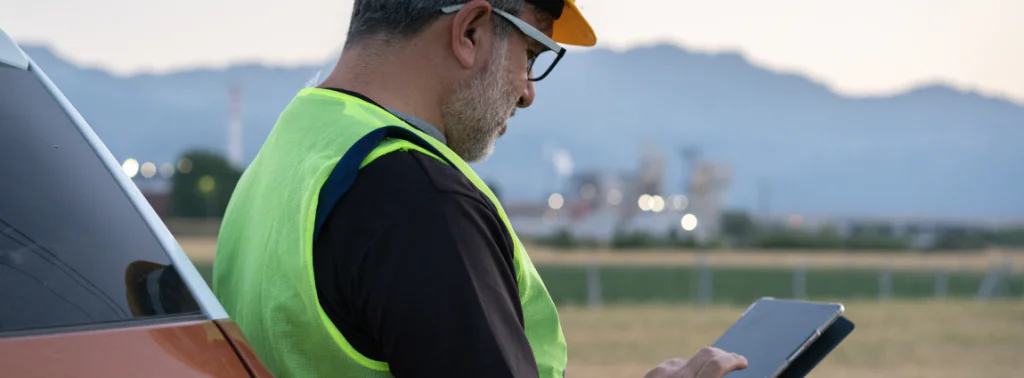 técnico usando tablet a trabalho em encostado em um veículo da frota